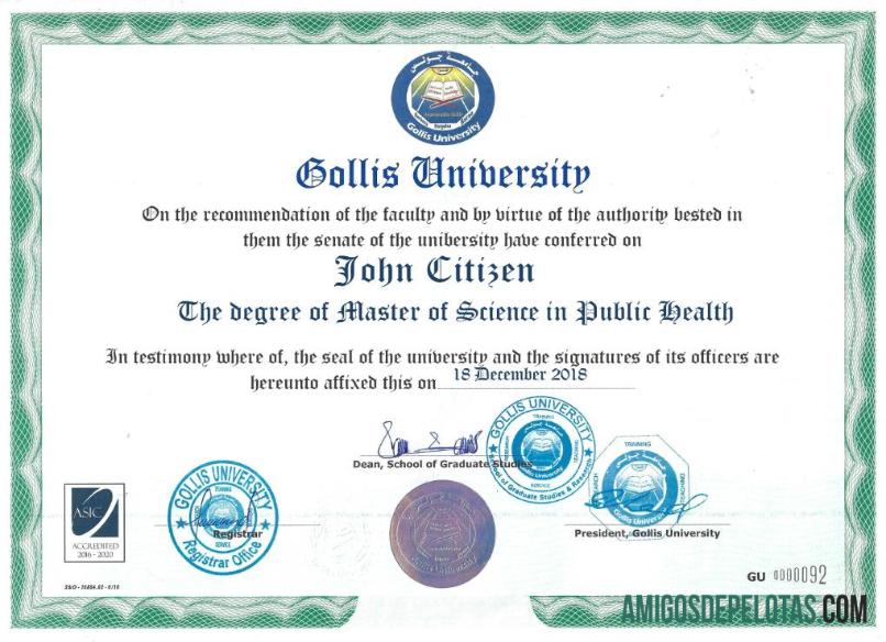 Certificado da Universidade Gollis da Somalilândia exemplo real